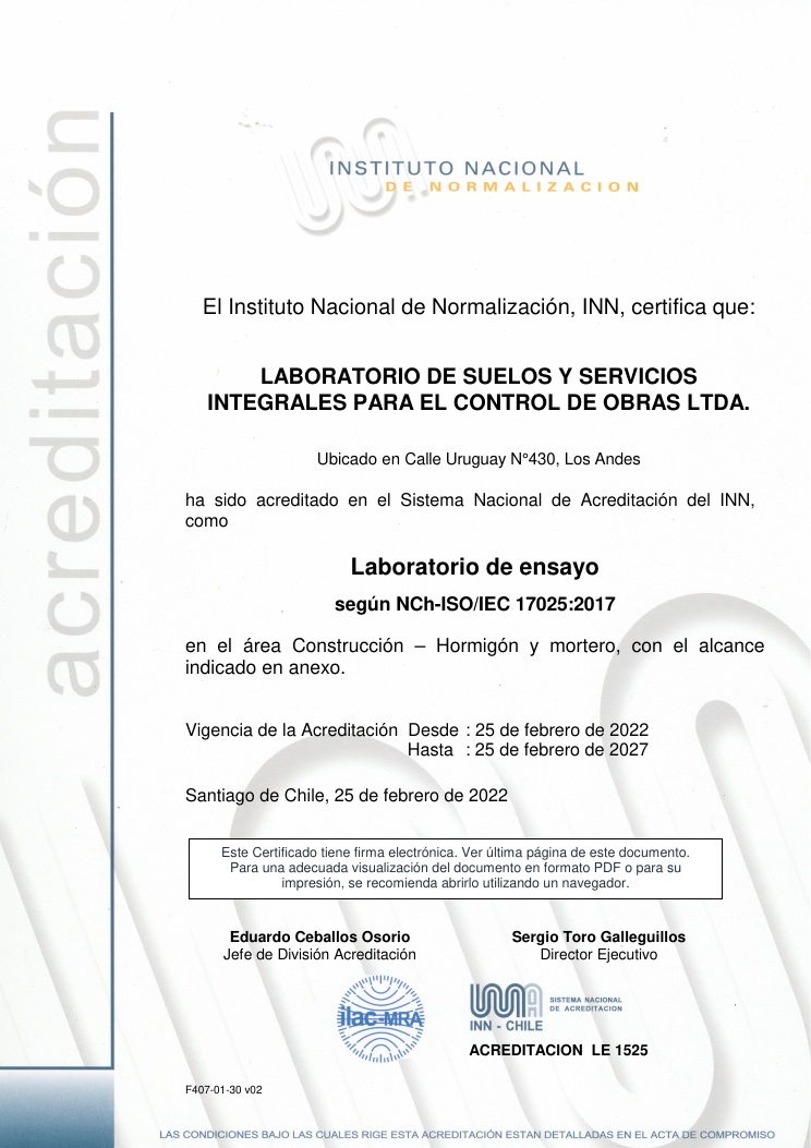 Certificado de acreditación LE 1525 — Construcción — Hormigón y mortero